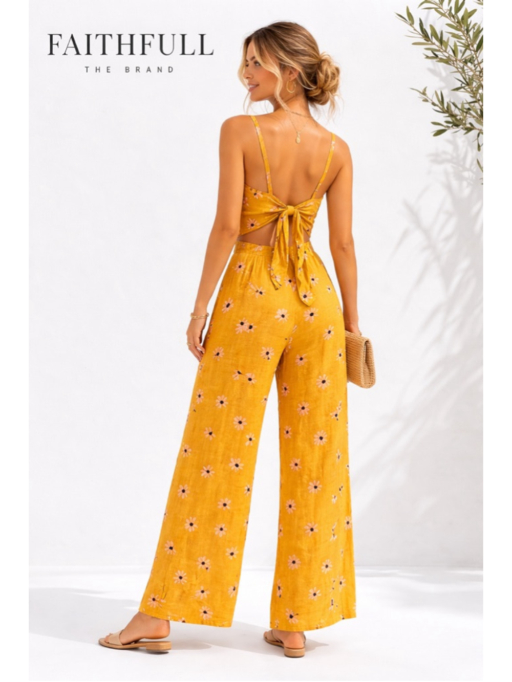 Faithfull The Brand Floral Jumpsuit Mustard Yellow Tie Back Wide Leg Size 8